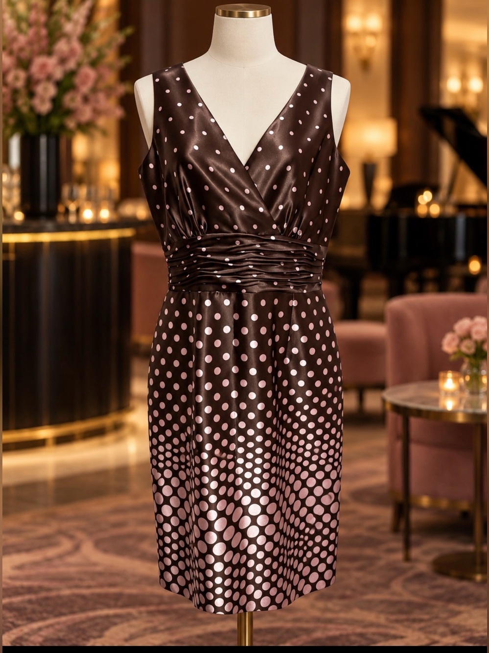 Jessica Howard Brown sleeveless Dress with Pink Polka Dots size 6P.